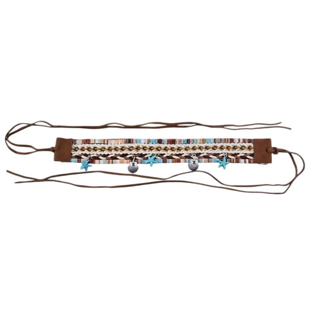 Turquoise Hat Band Beaded Straw Brown Chain Western Style Shell Charms Boho New